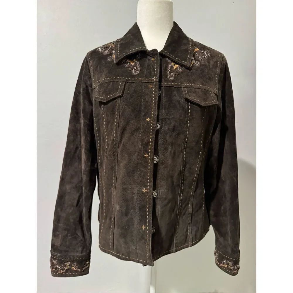 Coldwater Creek brown suede Leather stitching details sequin beaded embellishmen